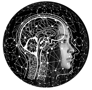 an illustration of a woman with a brain overlayed on top and a sphere of neurons surrounding her